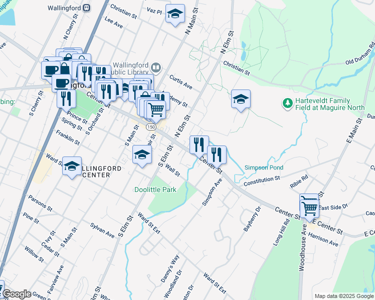 map of restaurants, bars, coffee shops, grocery stores, and more near 500 Center Street in Wallingford