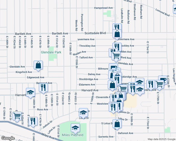 map of restaurants, bars, coffee shops, grocery stores, and more near 15806 Biltmore Avenue in Cleveland