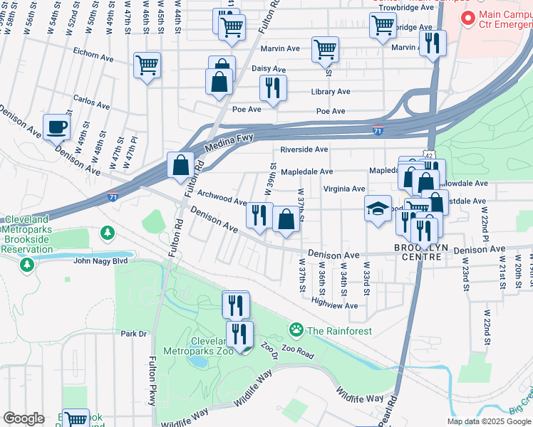 map of restaurants, bars, coffee shops, grocery stores, and more near 3768 West 39th Street in Cleveland