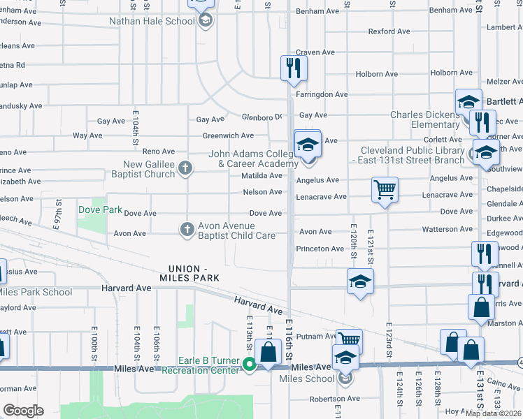 map of restaurants, bars, coffee shops, grocery stores, and more near 11401 Dove Avenue in Cleveland