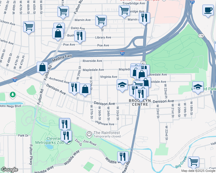 map of restaurants, bars, coffee shops, grocery stores, and more near 3339 Archwood Avenue in Cleveland