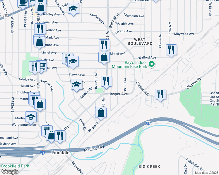 map of restaurants, bars, coffee shops, grocery stores, and more near 3666 West 104th Street in Cleveland