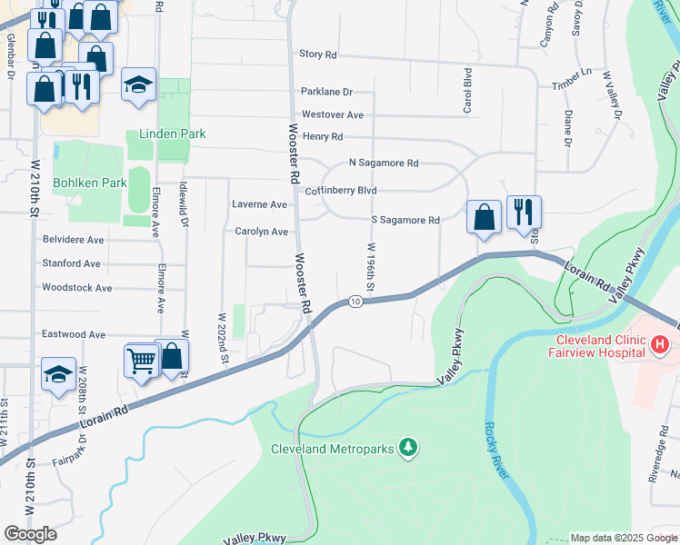 map of restaurants, bars, coffee shops, grocery stores, and more near 19750 Lorain Road in Fairview Park