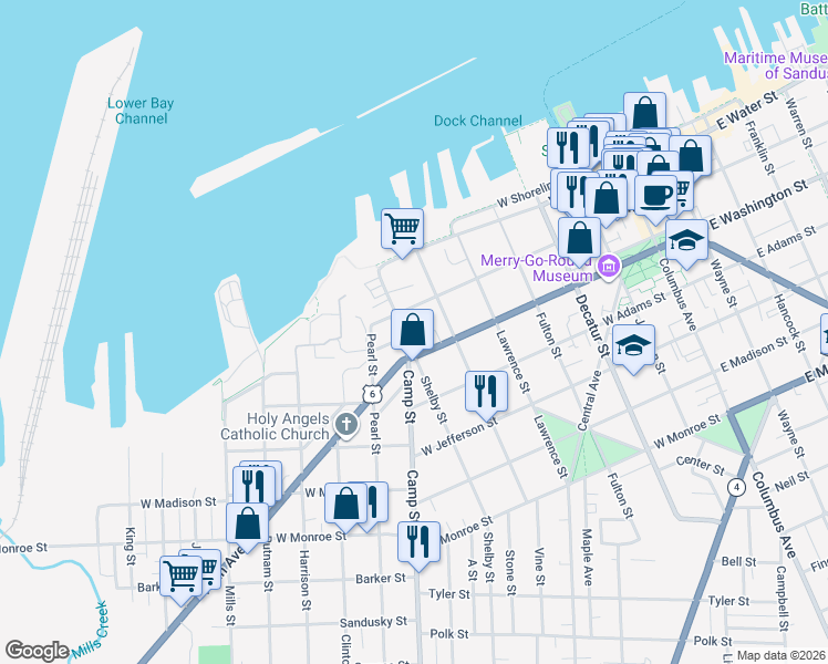 map of restaurants, bars, coffee shops, grocery stores, and more near 220 Shelby Street in Sandusky