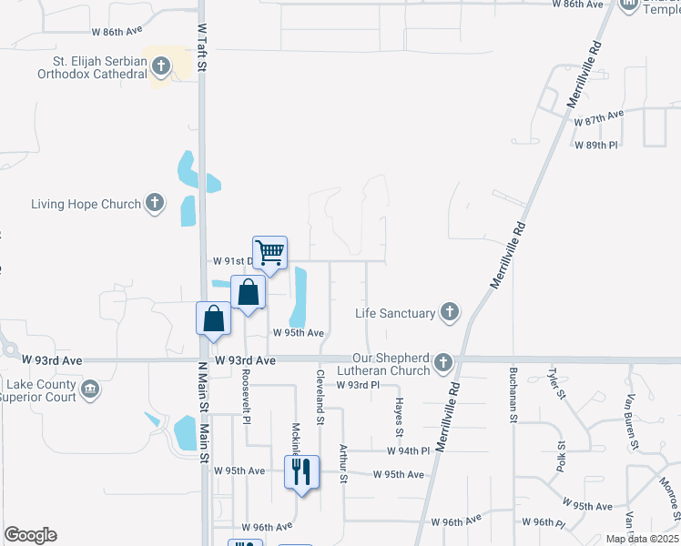 map of restaurants, bars, coffee shops, grocery stores, and more near 9123 Cleveland Street in Merrillville