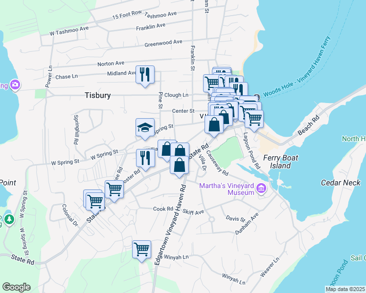 map of restaurants, bars, coffee shops, grocery stores, and more near 11 William Street in Tisbury