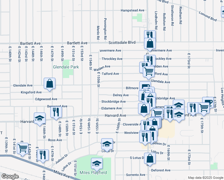 map of restaurants, bars, coffee shops, grocery stores, and more near 15802 Biltmore Avenue in Cleveland