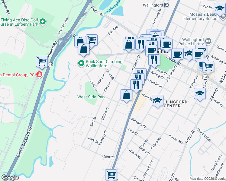 map of restaurants, bars, coffee shops, grocery stores, and more near 42 East Street in Wallingford