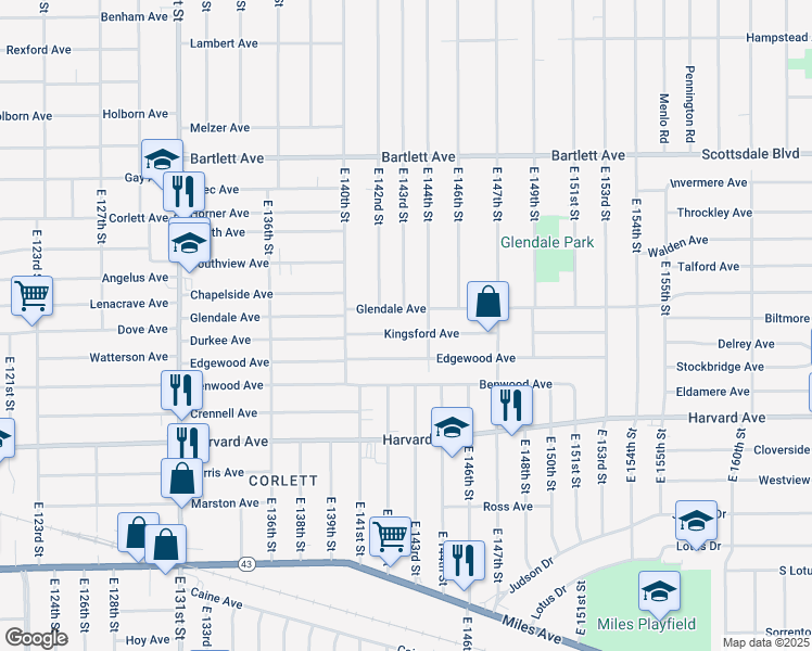 map of restaurants, bars, coffee shops, grocery stores, and more near 14305 Kingsford Avenue in Cleveland