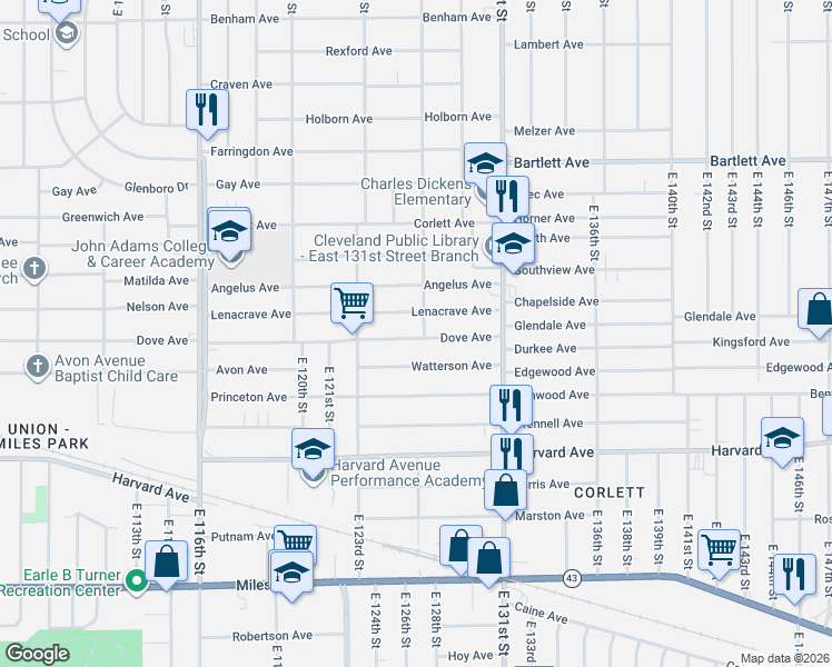 map of restaurants, bars, coffee shops, grocery stores, and more near 12701 Dove Avenue in Cleveland
