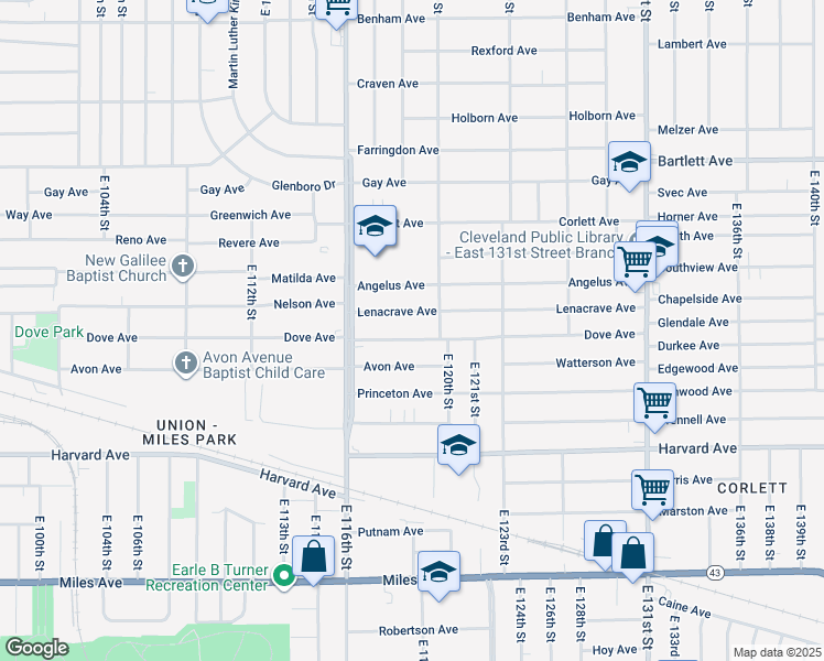 map of restaurants, bars, coffee shops, grocery stores, and more near 11825 Dove Avenue in Cleveland