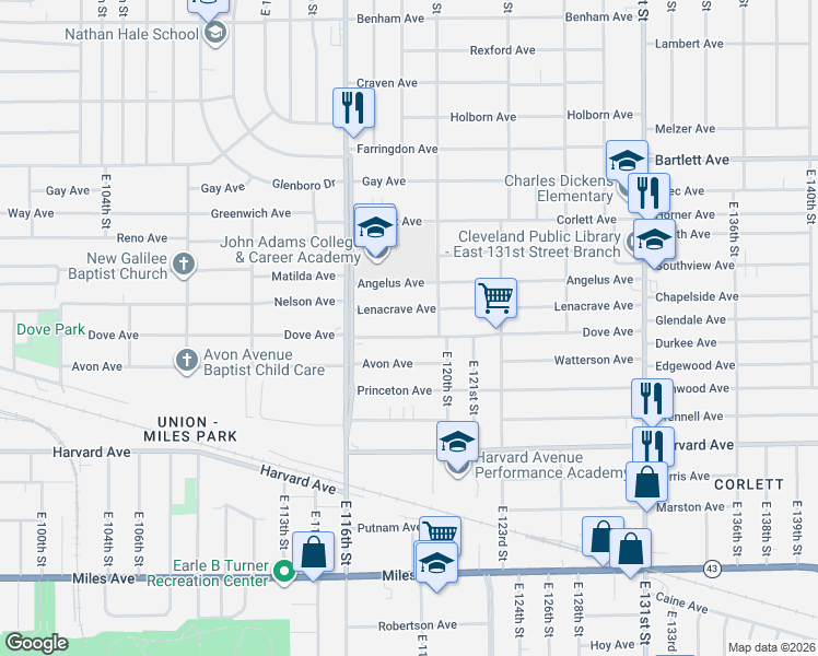 map of restaurants, bars, coffee shops, grocery stores, and more near 11825 Dove Avenue in Cleveland