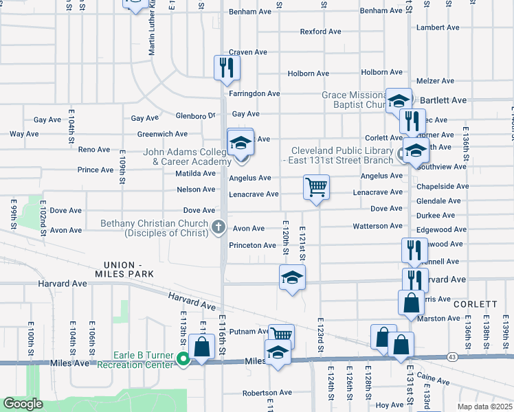 map of restaurants, bars, coffee shops, grocery stores, and more near 11825 Dove Avenue in Cleveland