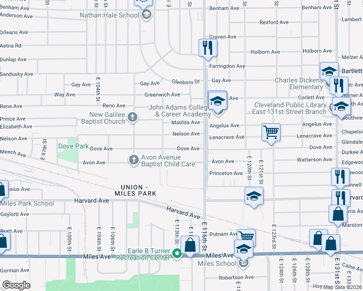 map of restaurants, bars, coffee shops, grocery stores, and more near 11401 Dove Avenue in Cleveland