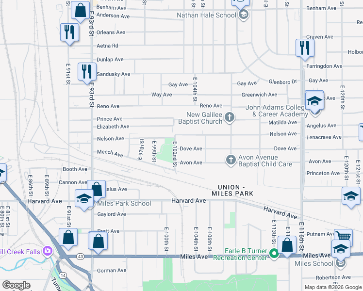 map of restaurants, bars, coffee shops, grocery stores, and more near 10215 Dove Avenue in Cleveland