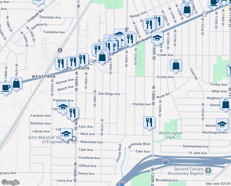 map of restaurants, bars, coffee shops, grocery stores, and more near in Cleveland