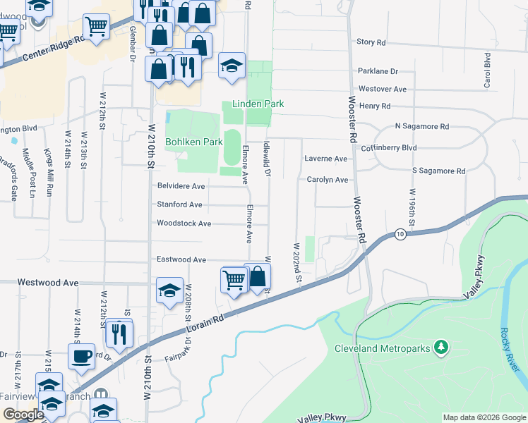 map of restaurants, bars, coffee shops, grocery stores, and more near 4082 West 204th Street in Fairview Park