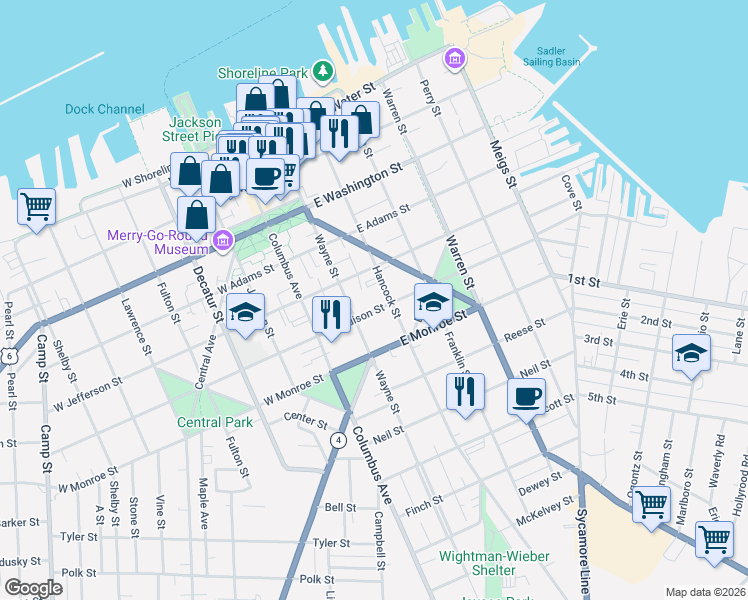 map of restaurants, bars, coffee shops, grocery stores, and more near 518 Wayne Street in Sandusky