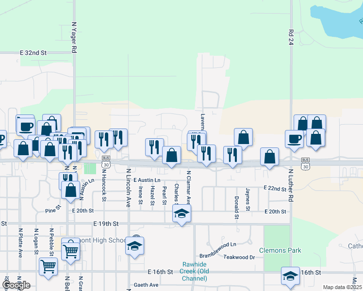 map of restaurants, bars, coffee shops, grocery stores, and more near 2425 North Buckingham Road in Fremont