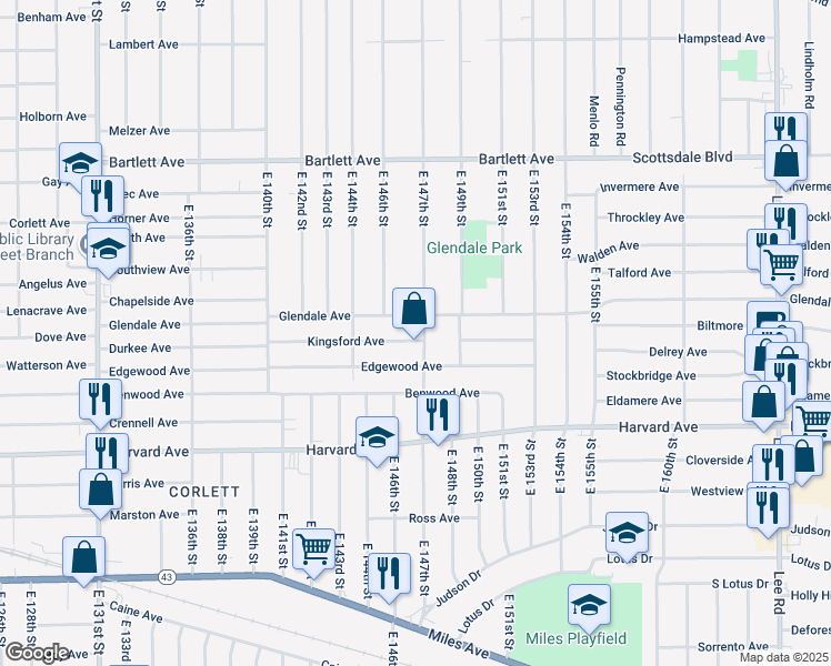 map of restaurants, bars, coffee shops, grocery stores, and more near 3922 East 147th Street in Cleveland