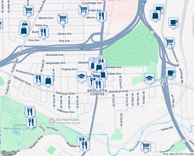 map of restaurants, bars, coffee shops, grocery stores, and more near 3764 West 25th Street in Cleveland