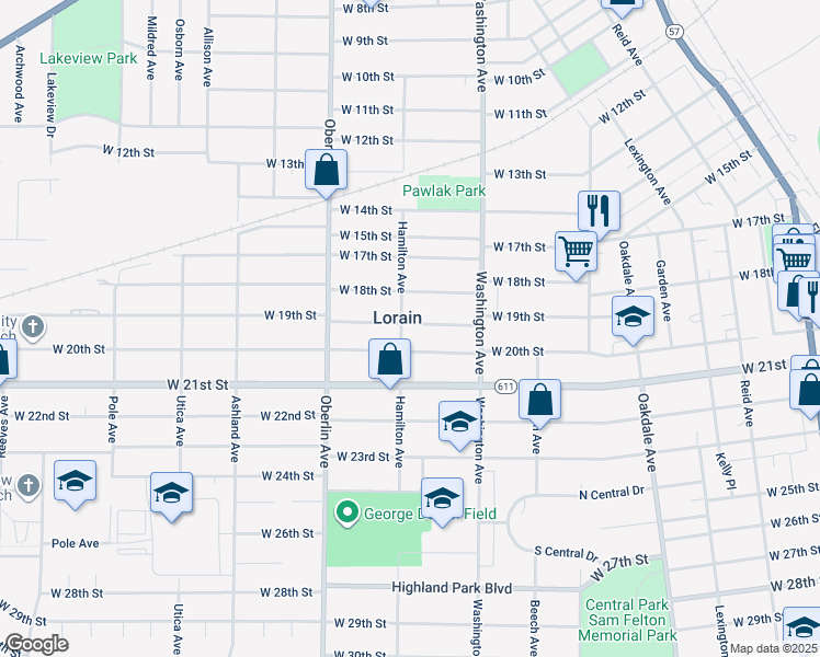 map of restaurants, bars, coffee shops, grocery stores, and more near 1905 Hamilton Avenue in Lorain