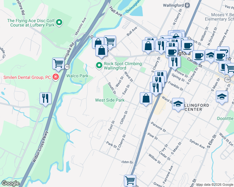 map of restaurants, bars, coffee shops, grocery stores, and more near 7 South Street in Wallingford