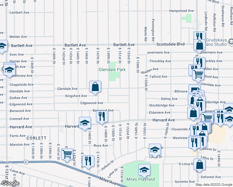 map of restaurants, bars, coffee shops, grocery stores, and more near 15005 Kingsford Ave in Cleveland