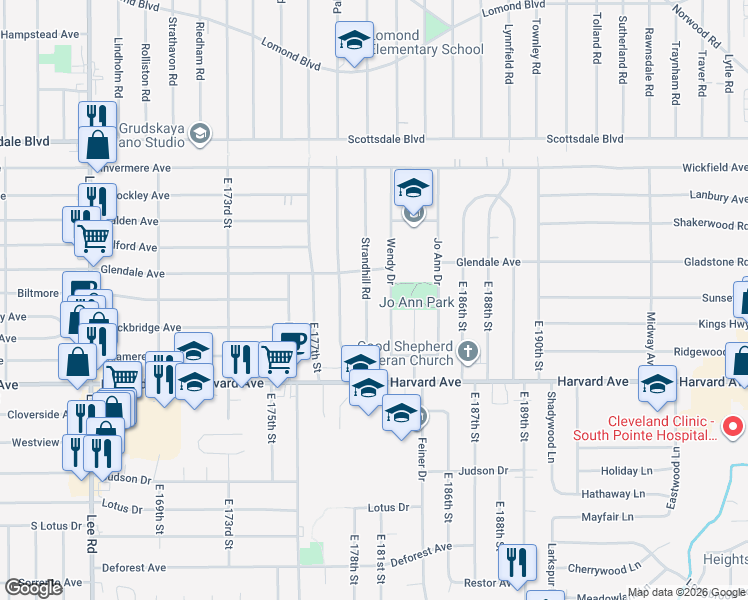 map of restaurants, bars, coffee shops, grocery stores, and more near 3936 Wendy Drive in Cleveland