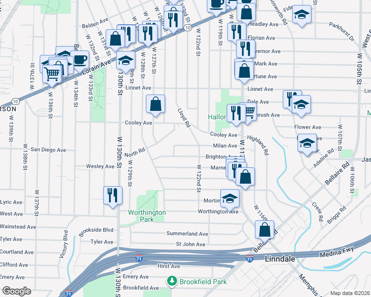 map of restaurants, bars, coffee shops, grocery stores, and more near 12309 Milan Ave in Cleveland