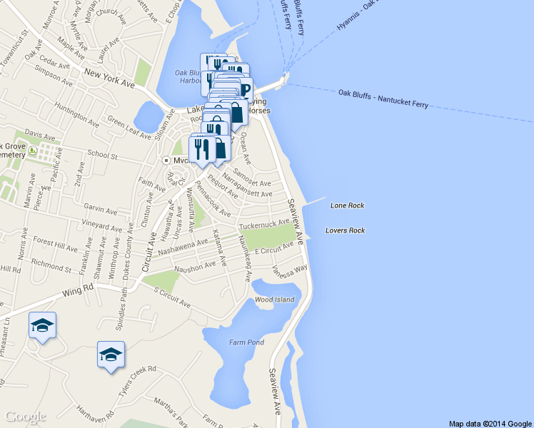 map of restaurants, bars, coffee shops, grocery stores, and more near 21 Pennacook Avenue in Oak Bluffs