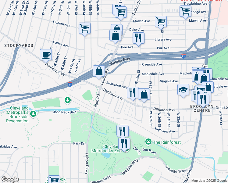 map of restaurants, bars, coffee shops, grocery stores, and more near 4300 Denison Avenue in Cleveland