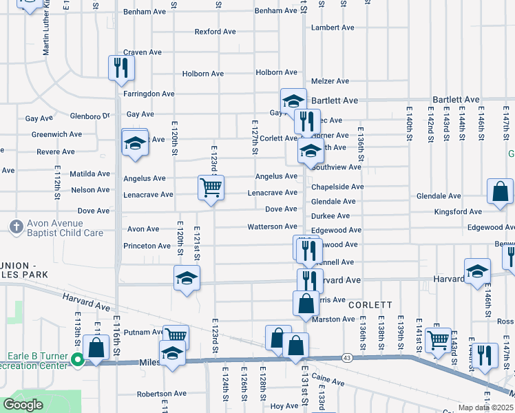 map of restaurants, bars, coffee shops, grocery stores, and more near 12701 Dove Avenue in Cleveland