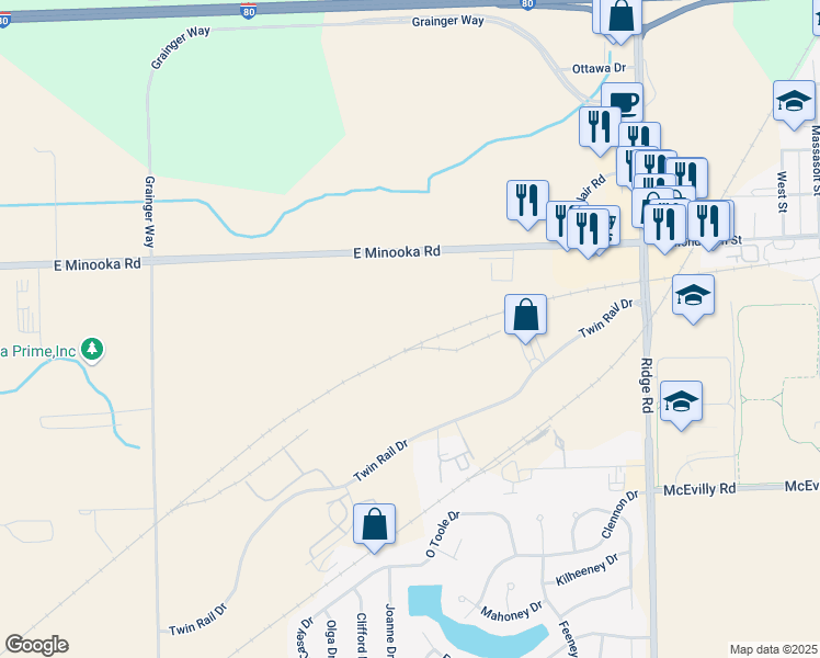 map of restaurants, bars, coffee shops, grocery stores, and more near 701 Heritage Woods Drive in Minooka