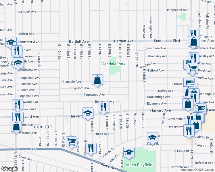 map of restaurants, bars, coffee shops, grocery stores, and more near 3926 East 149th Street in Cleveland