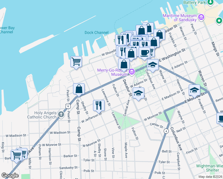 map of restaurants, bars, coffee shops, grocery stores, and more near 317 Fulton Street in Sandusky
