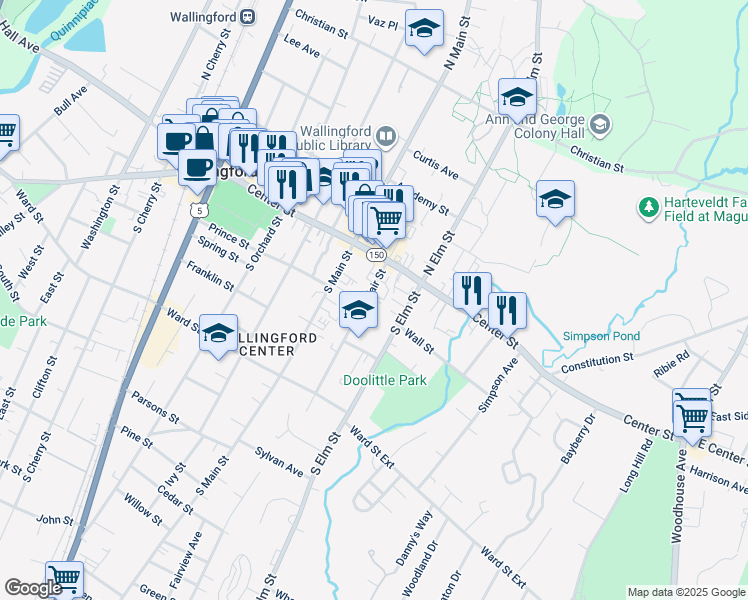 map of restaurants, bars, coffee shops, grocery stores, and more near 44 Fair Street in Wallingford