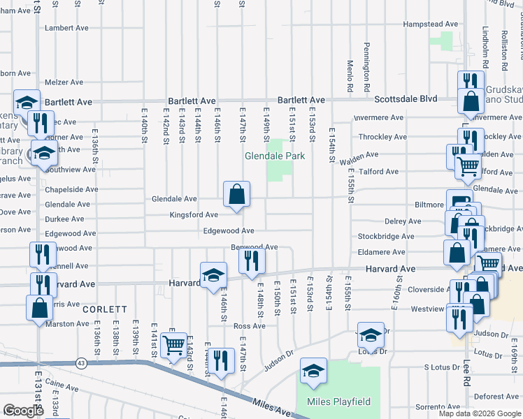 map of restaurants, bars, coffee shops, grocery stores, and more near 3926 East 149th Street in Cleveland