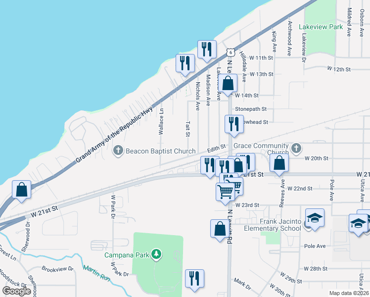 map of restaurants, bars, coffee shops, grocery stores, and more near 1955 Tait Street in Lorain
