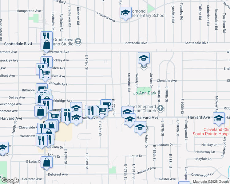 map of restaurants, bars, coffee shops, grocery stores, and more near 3919 East 177th Street in Cleveland