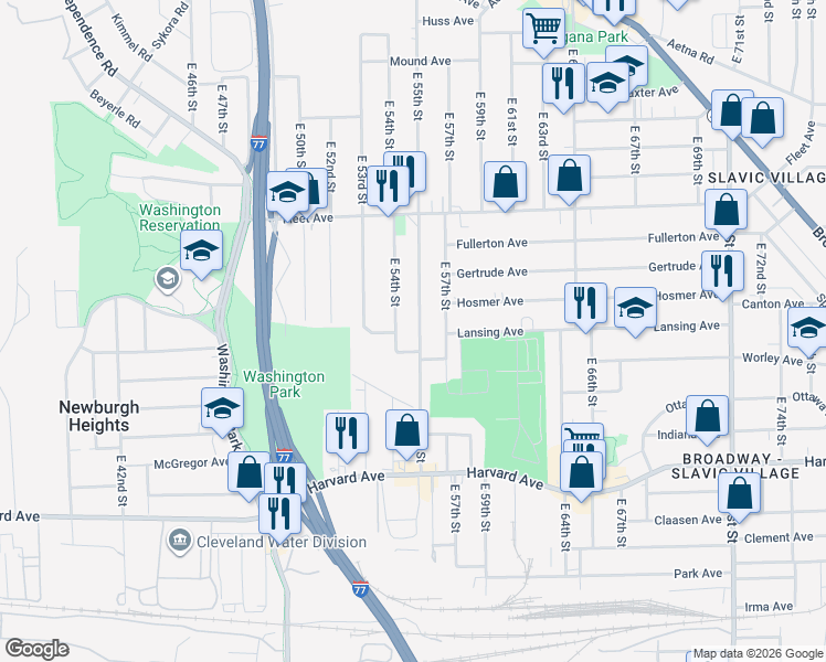 map of restaurants, bars, coffee shops, grocery stores, and more near 3880 East 55th Street in Cleveland