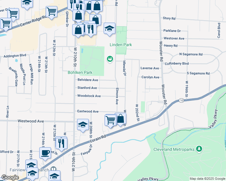 map of restaurants, bars, coffee shops, grocery stores, and more near 20537 Stanford Avenue in Fairview Park