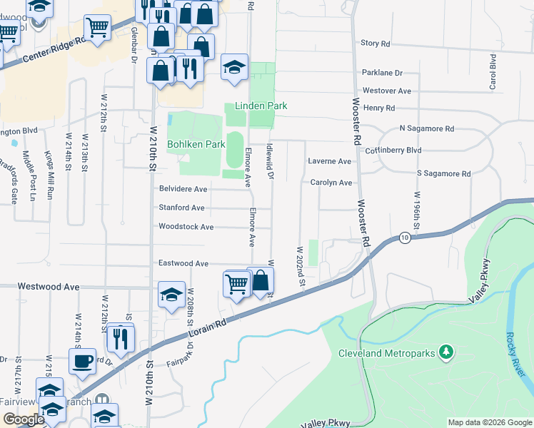 map of restaurants, bars, coffee shops, grocery stores, and more near 4082 West 204th Street in Fairview Park