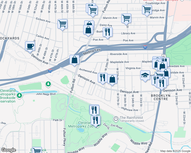 map of restaurants, bars, coffee shops, grocery stores, and more near 4111 Archwood Avenue in Cleveland