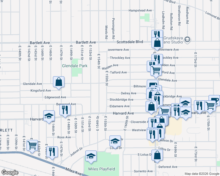 map of restaurants, bars, coffee shops, grocery stores, and more near 15510 Biltmore Avenue in Cleveland