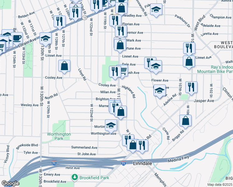 map of restaurants, bars, coffee shops, grocery stores, and more near 3686 West 117th Street in Cleveland