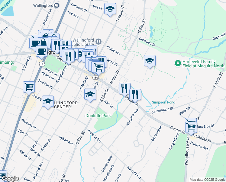 map of restaurants, bars, coffee shops, grocery stores, and more near 483 Center Street in Wallingford