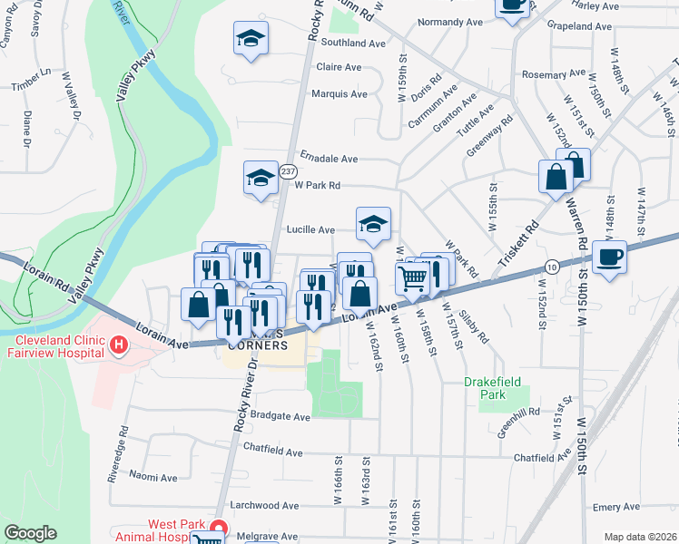 map of restaurants, bars, coffee shops, grocery stores, and more near 3707 West 165th Street in Cleveland