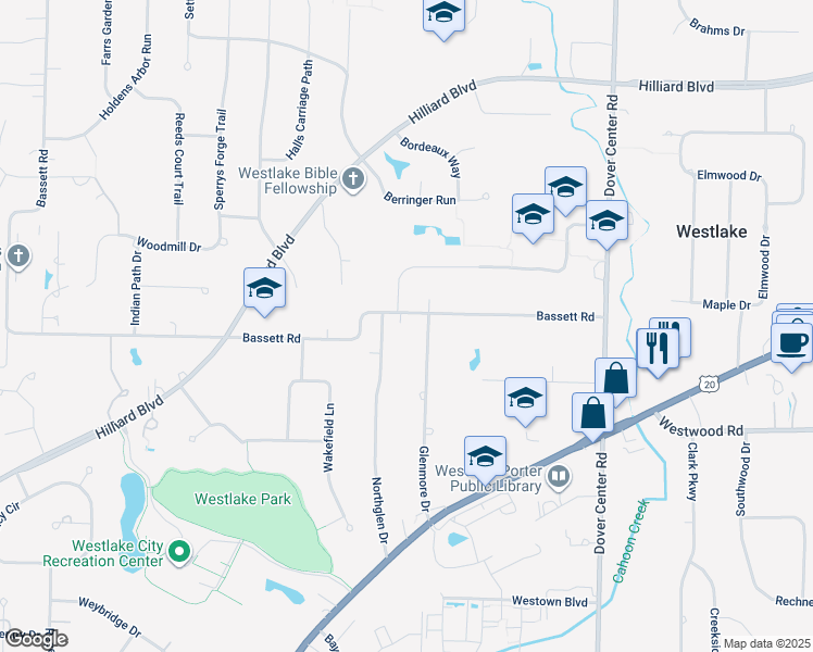 map of restaurants, bars, coffee shops, grocery stores, and more near 27775 Bassett Rd in Westlake