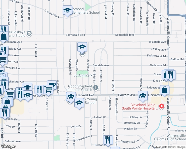 map of restaurants, bars, coffee shops, grocery stores, and more near 3942 East 186th Street in Cleveland